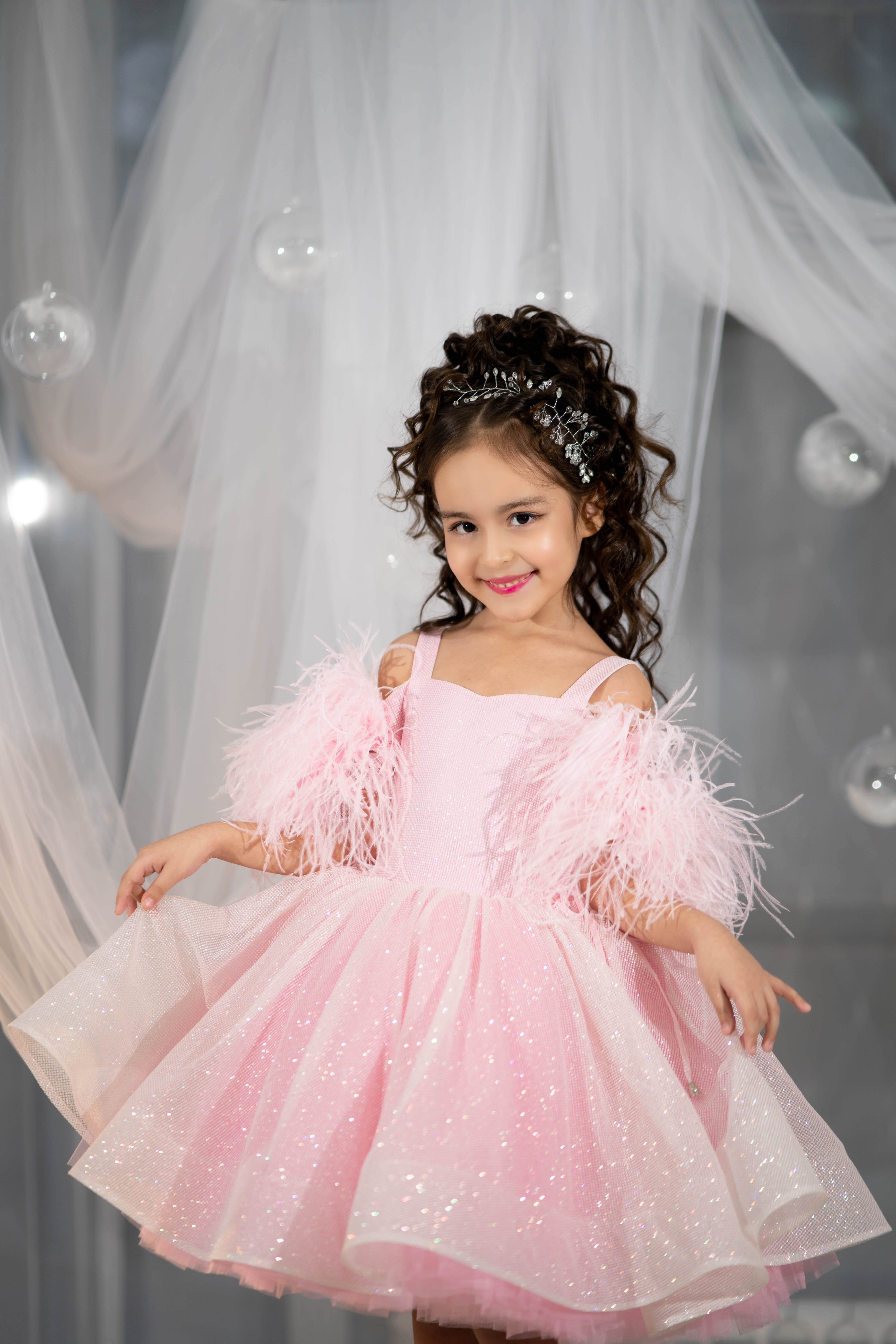 Sparkly Princess Dress with Feathers (Size 5-6/Pink/In Stock)