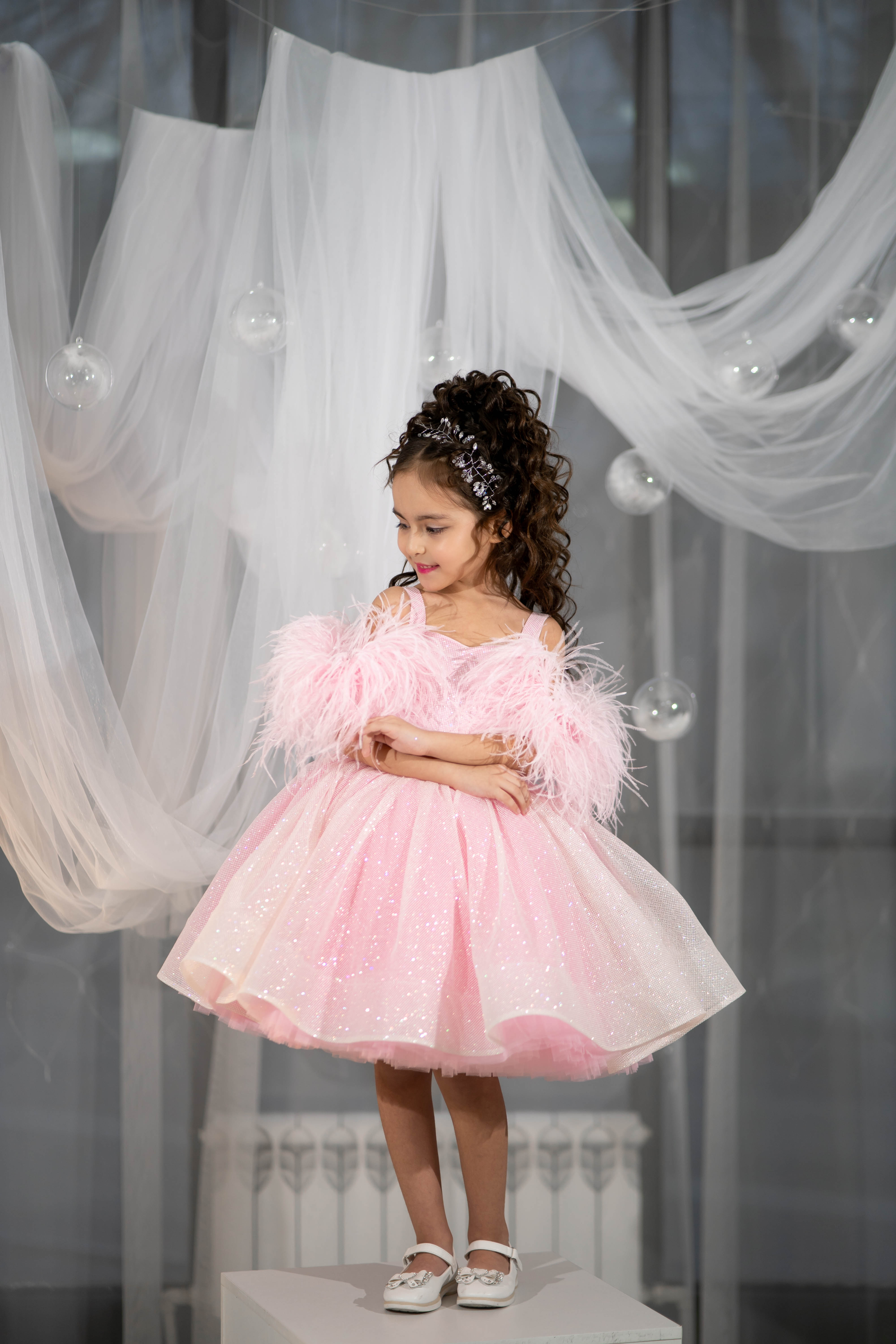 Sparkly Princess Dress with Feathers (Size 5-6/Pink/In Stock)