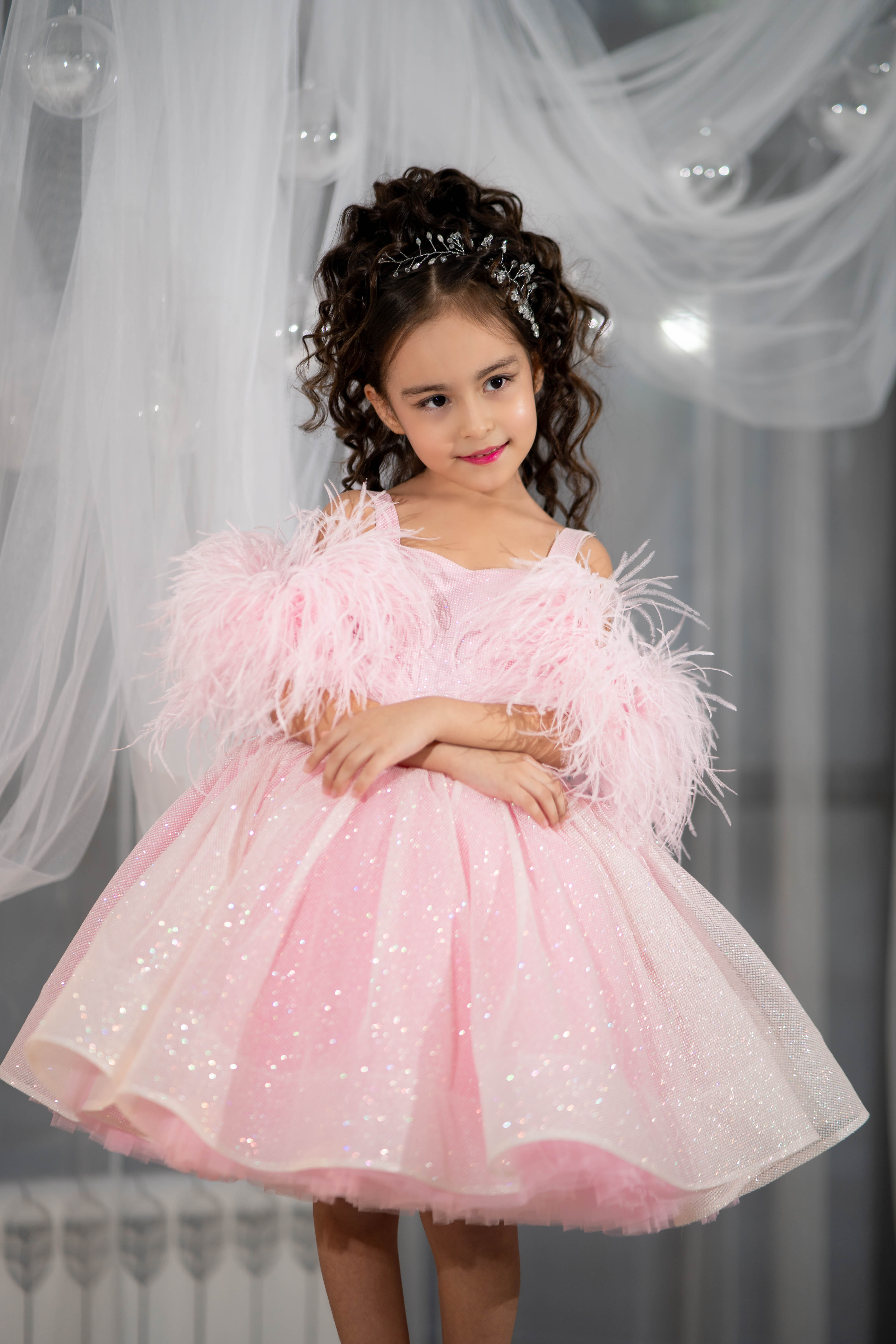 Sparkly Princess Dress with Feathers (Size 5-6/Pink/In Stock)