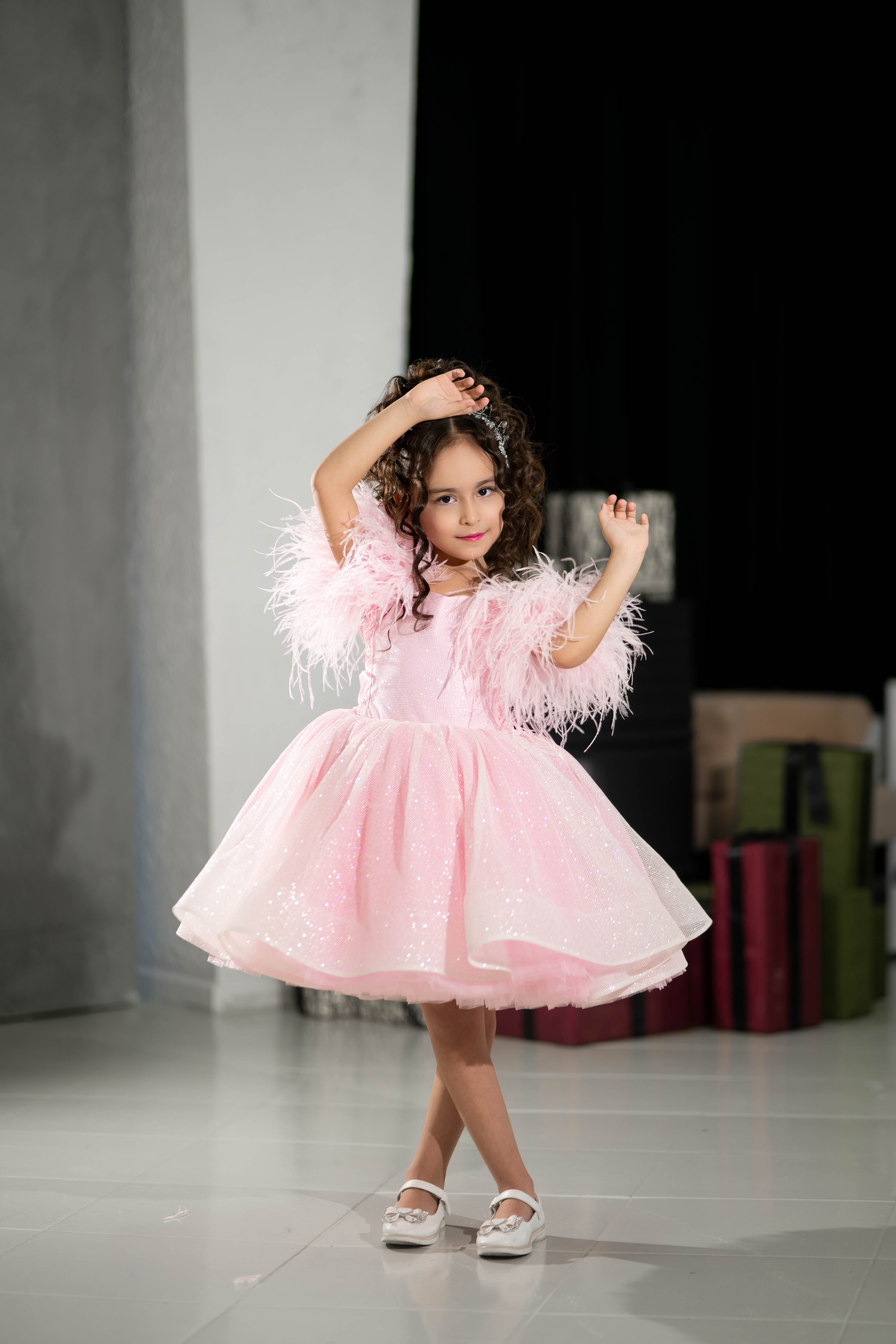 Sparkly Princess Dress with Feathers (Size 5-6/Pink/In Stock)