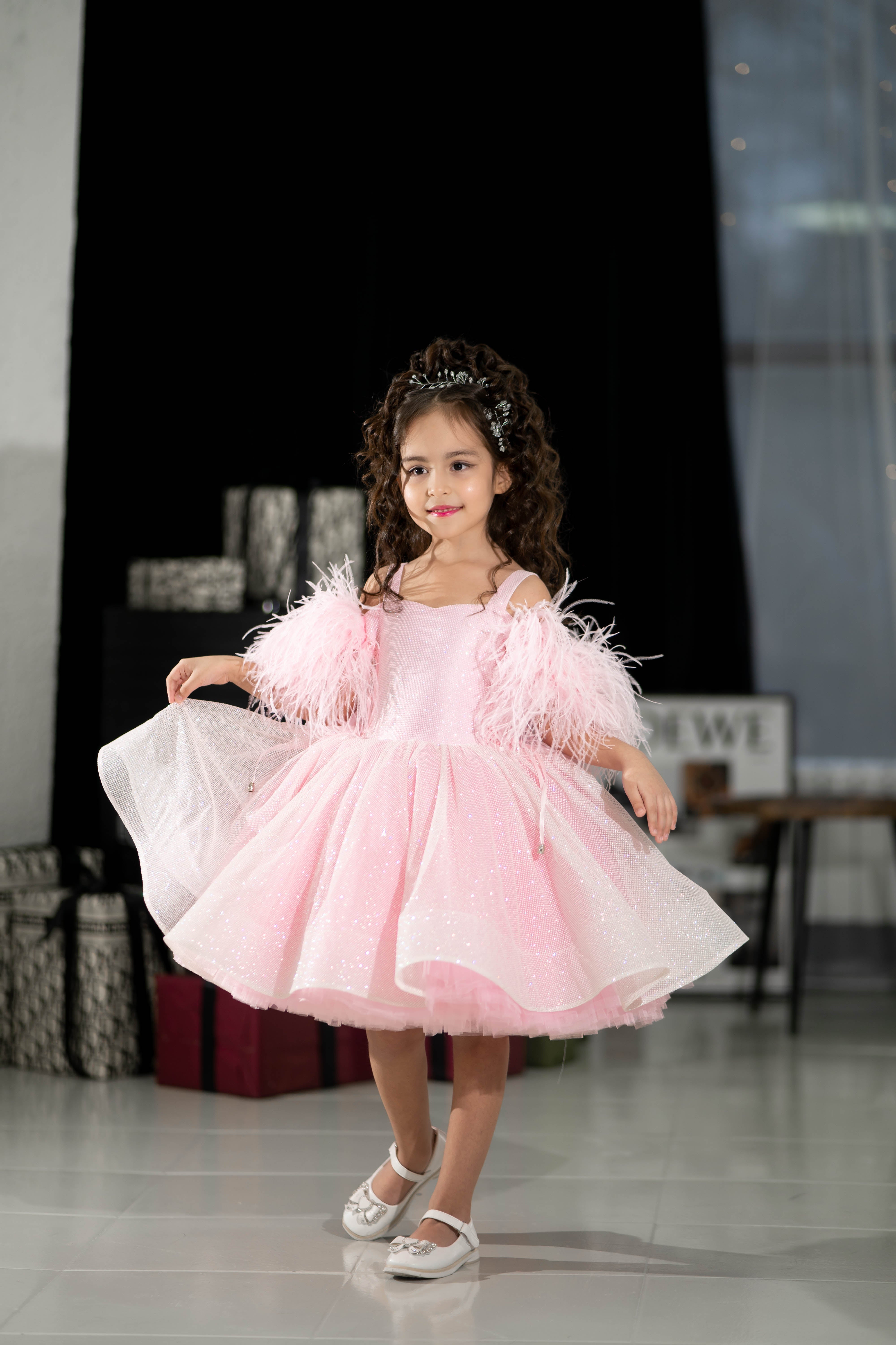 Sparkly Princess Dress with Feathers (Size 5-6/Pink/In Stock)