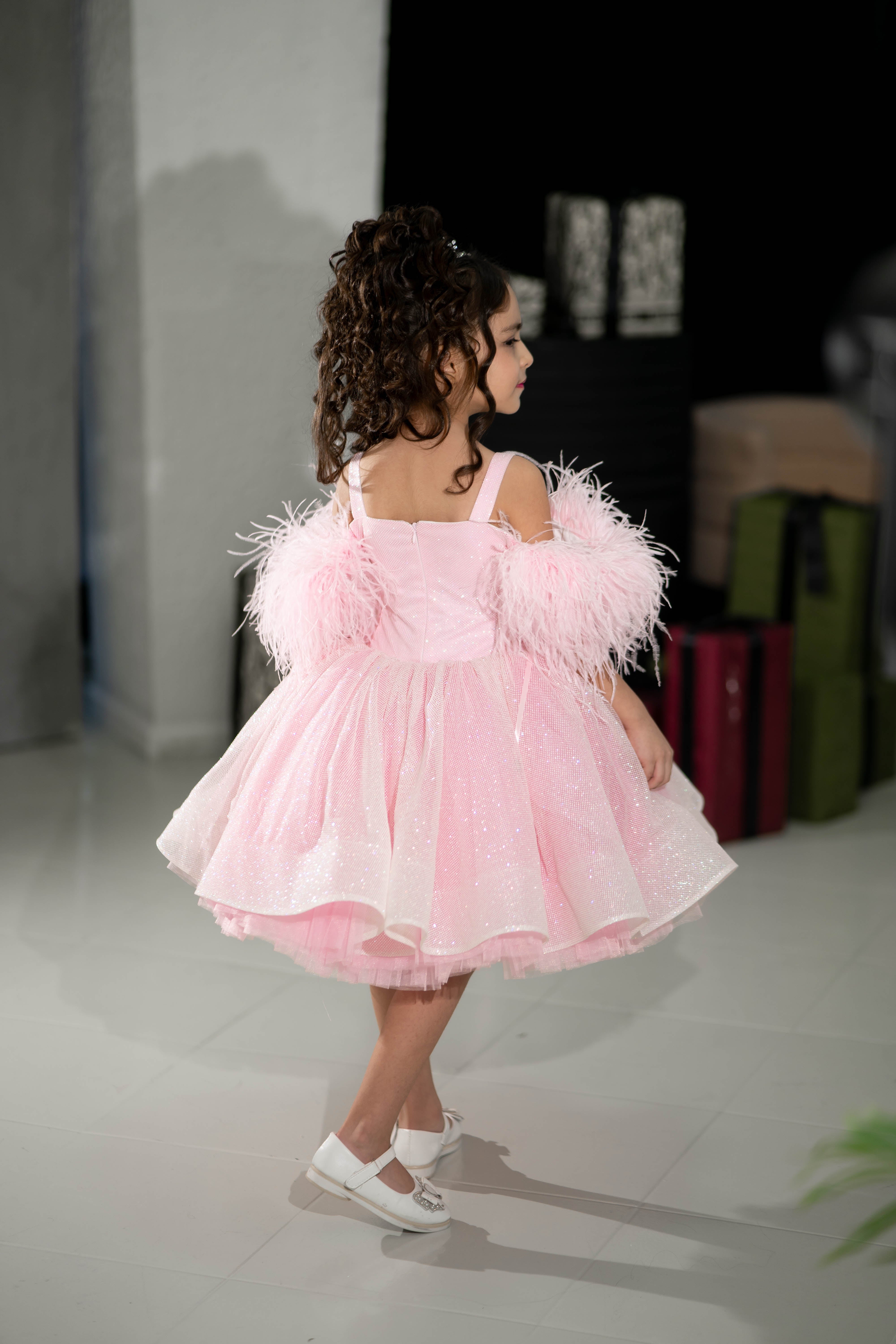 Sparkly Princess Dress with Feathers (Size 5-6/Pink/In Stock)