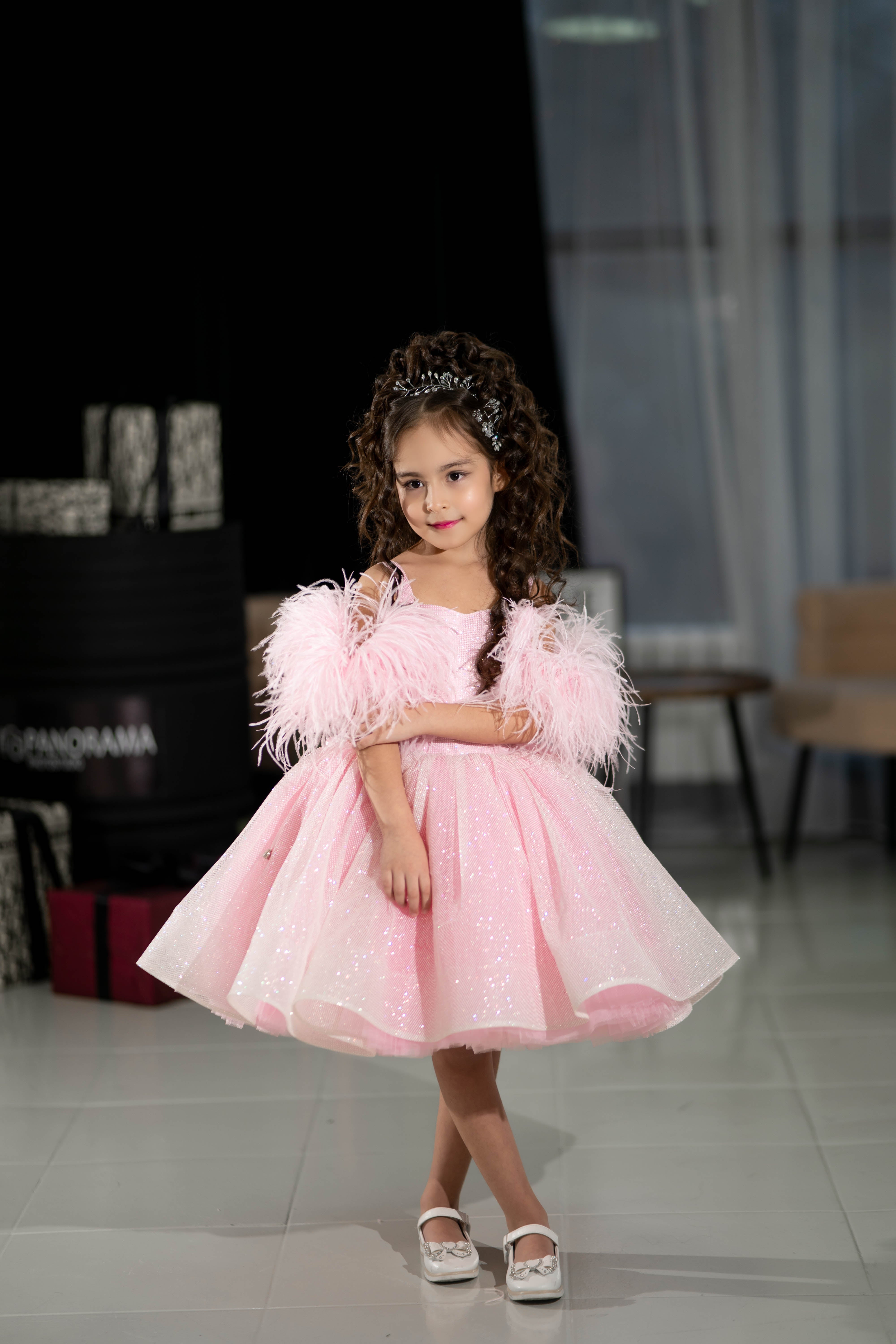 Sparkly Princess Dress with Feathers (Size 5-6/Pink/In Stock)