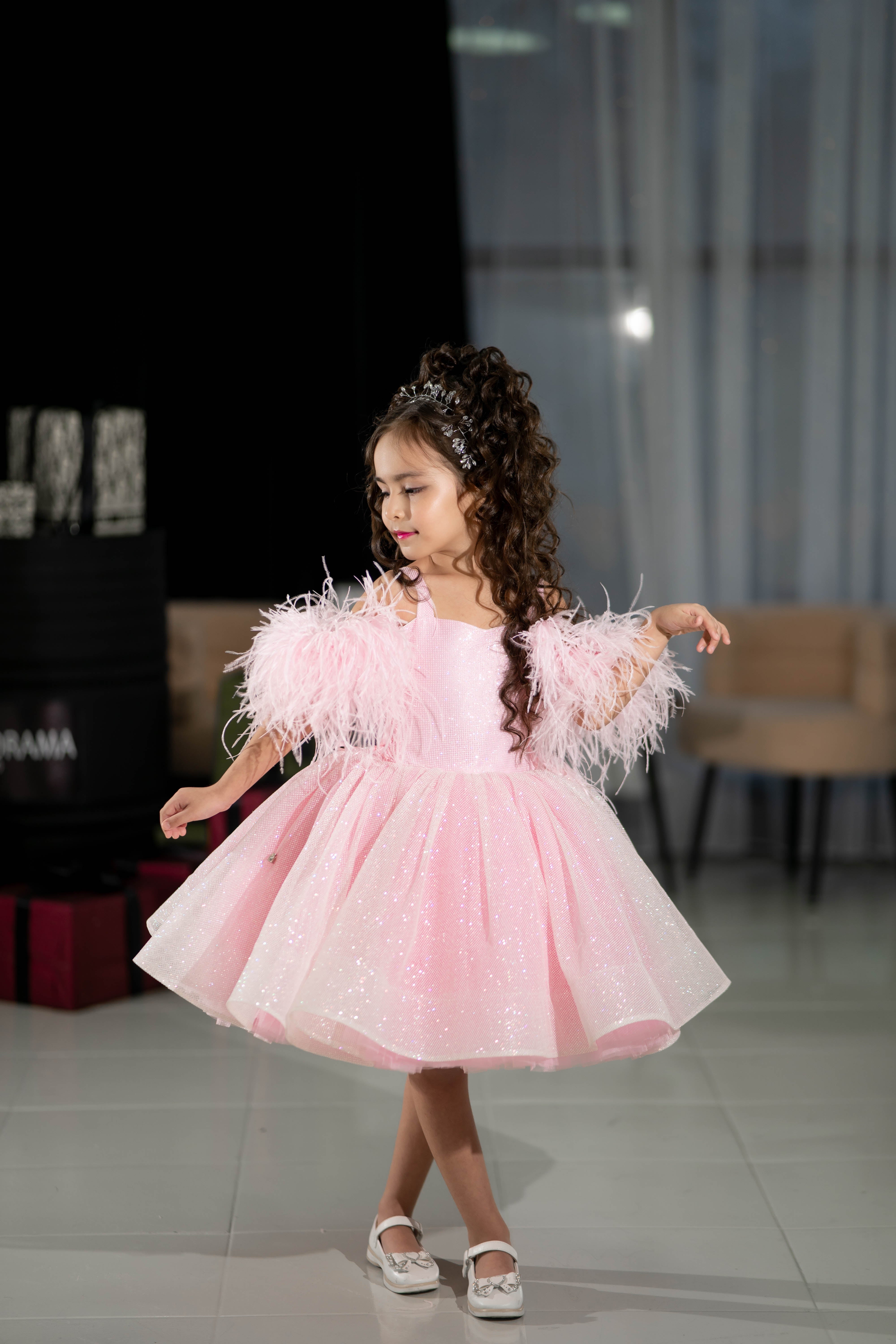 Sparkly Princess Dress with Feathers (Size 5-6/Pink/In Stock)