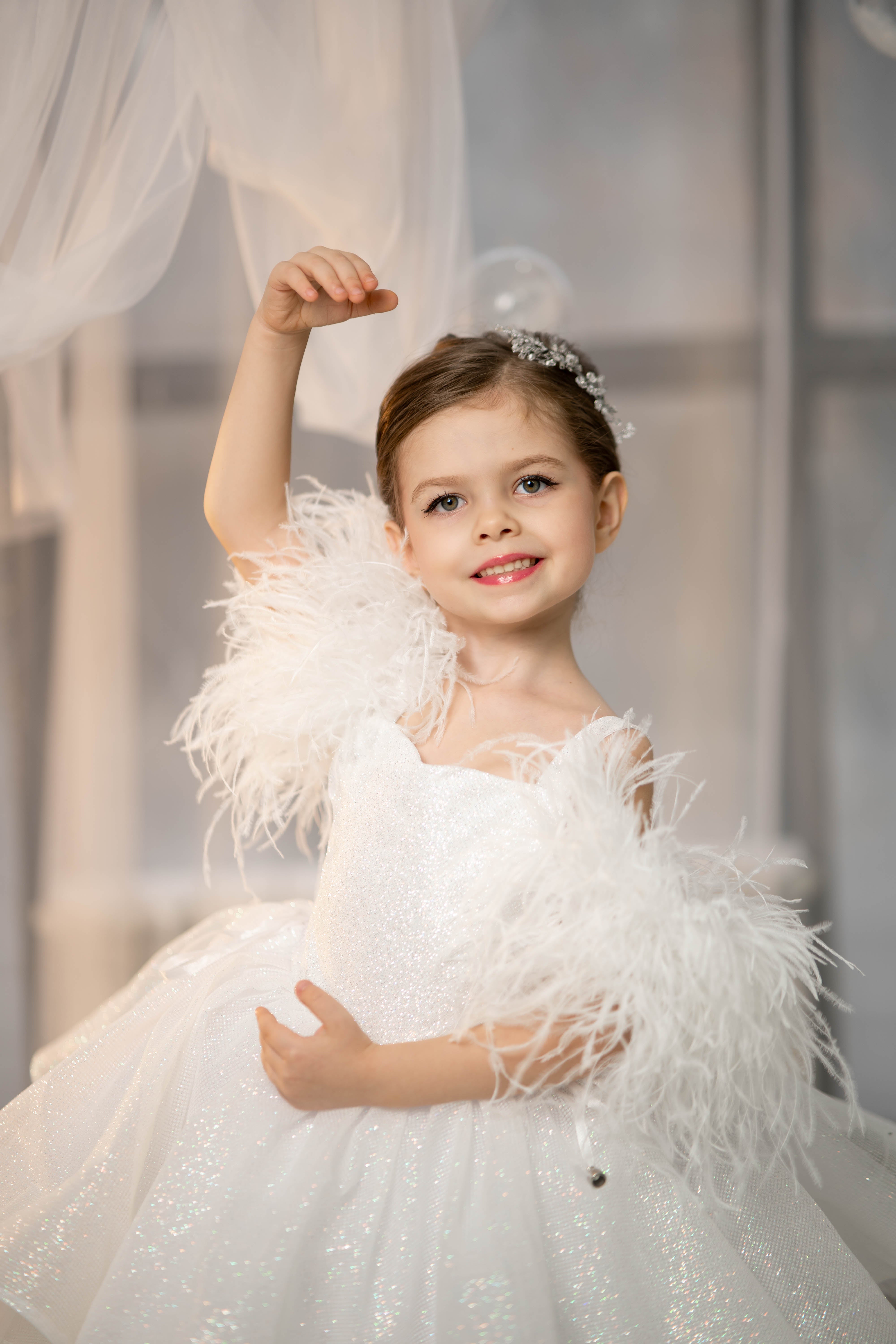 Sparkly Princess Dress with Feathers (Size 5-6/Pink/In Stock)