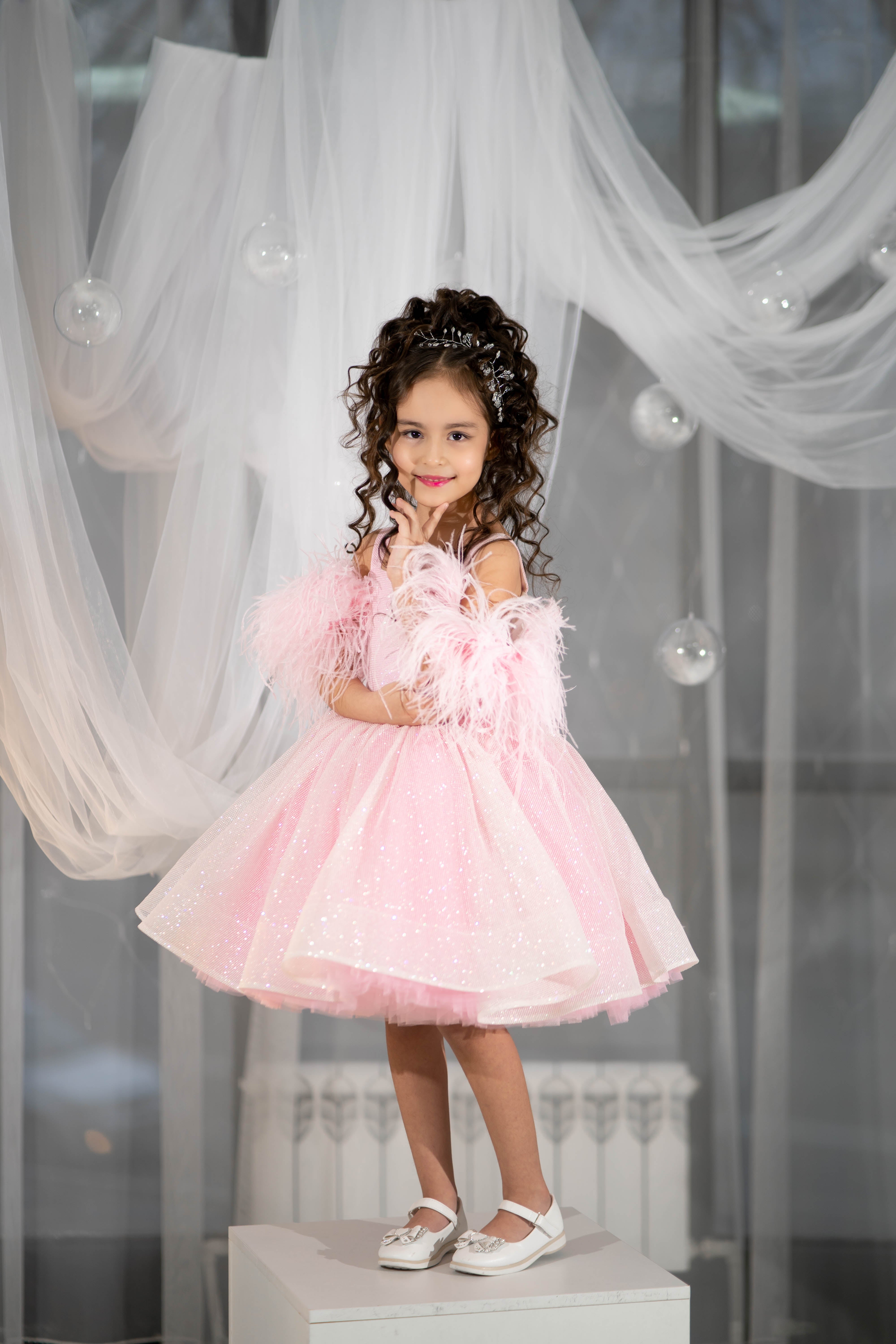 Sparkly Princess Dress with Feathers (Size 5-6/Pink/In Stock)