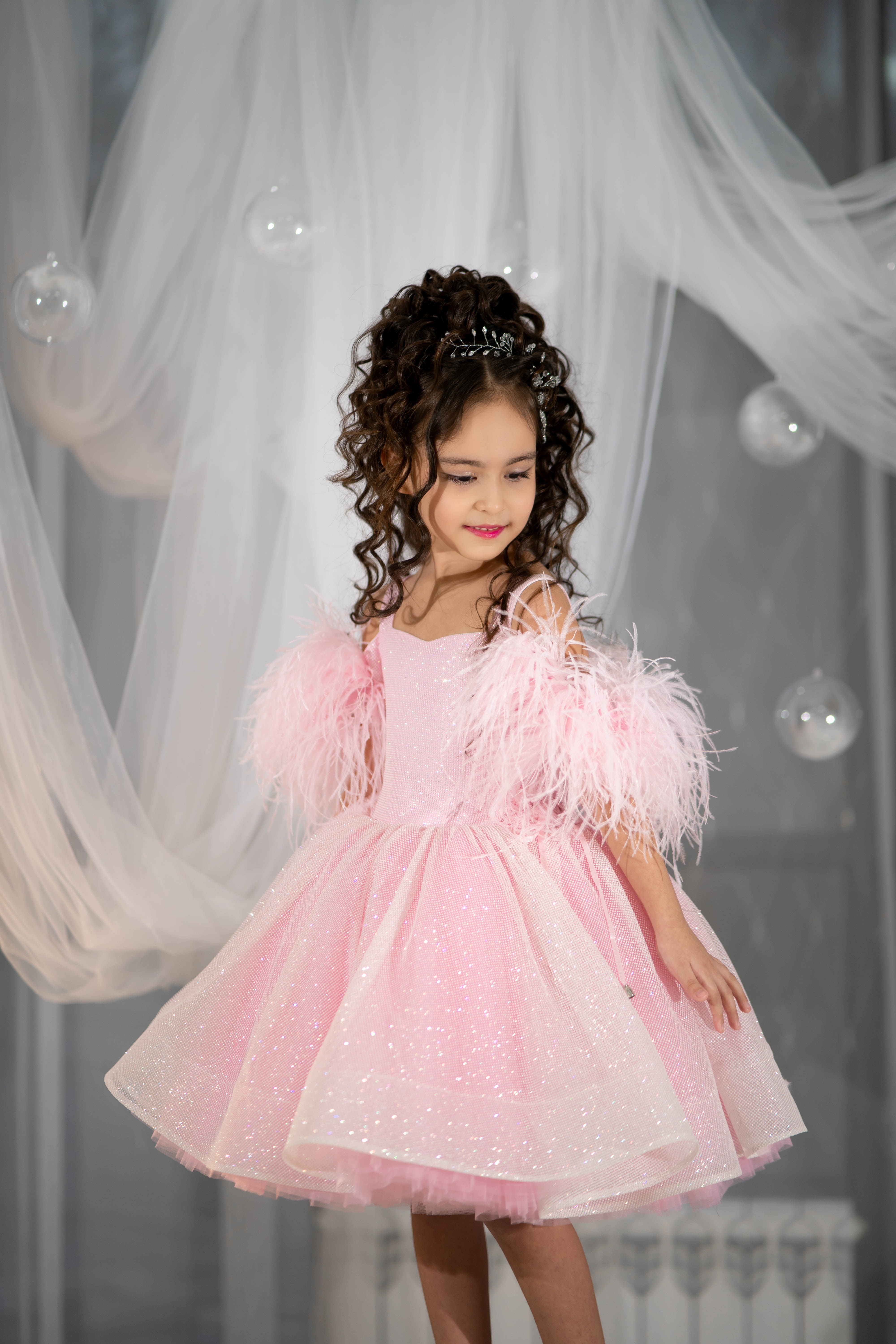 Sparkly Princess Dress with Feathers (Size 5-6/Pink/In Stock)