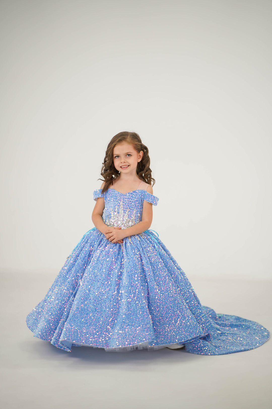 girls pageant dresses Sugar Kayne C357 Dress Ballgown Off the Shoulder Fringe Shimmer Formal Gown 16 / Periwinkle Custom Size *Would you like a custom Children's beauty pageants/Girls pageant dresses